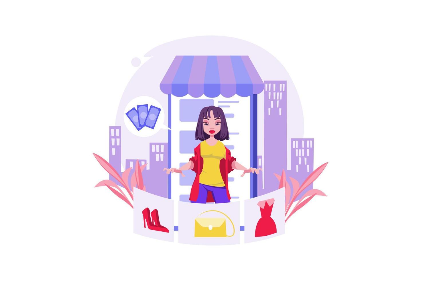 mujer joven en el sitio web de compras en línea y revisa sus compras vector