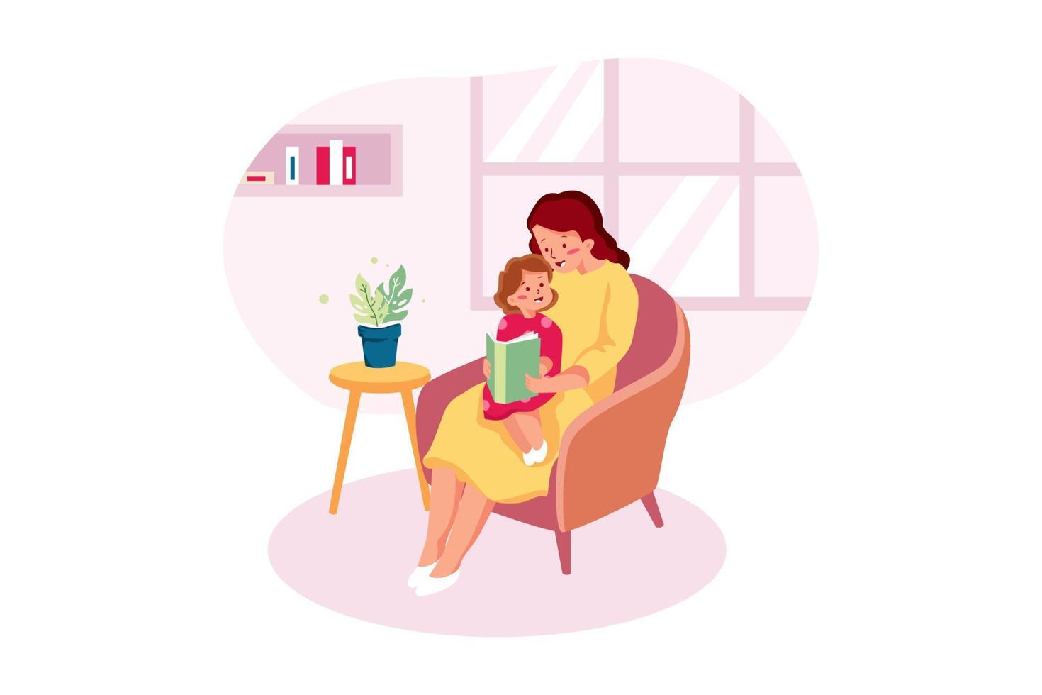 Mother mum reading fairy tale book to baby child daughter at home. vector