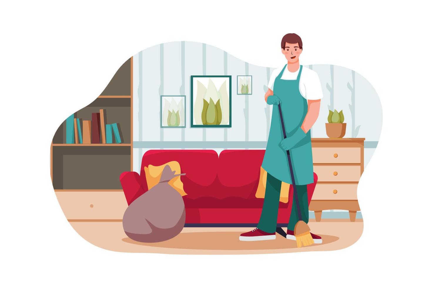 Cleaning man holding broom satisfied with clean house. vector