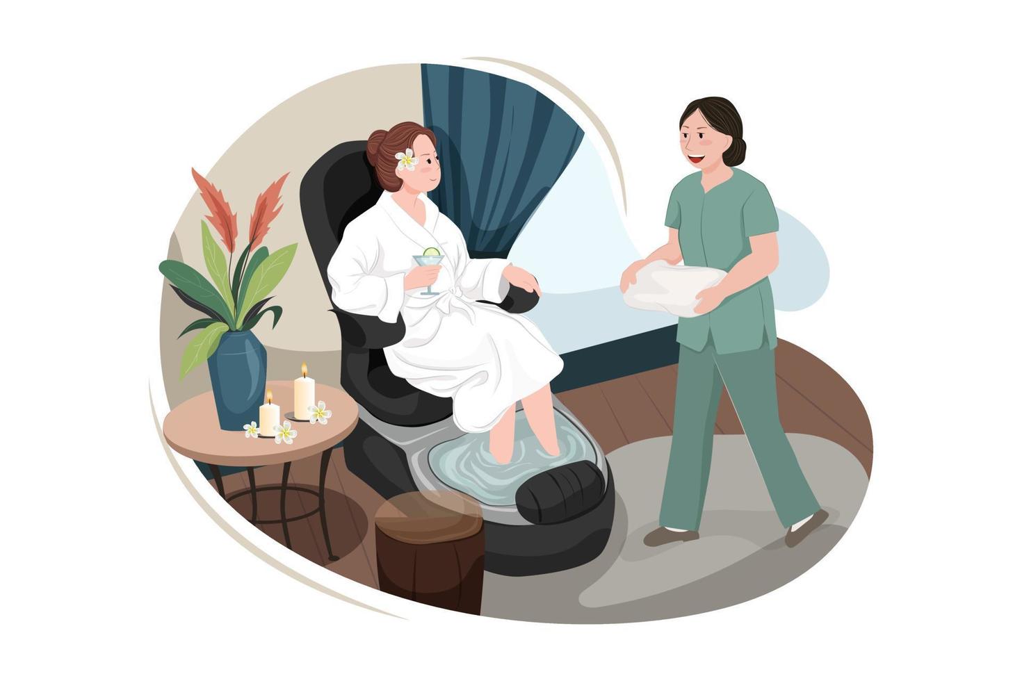 Woman in spa salon, girl lying on couch, masseur prepare making massage to client in cozy room with professional equipment, furniture and burning candles. vector