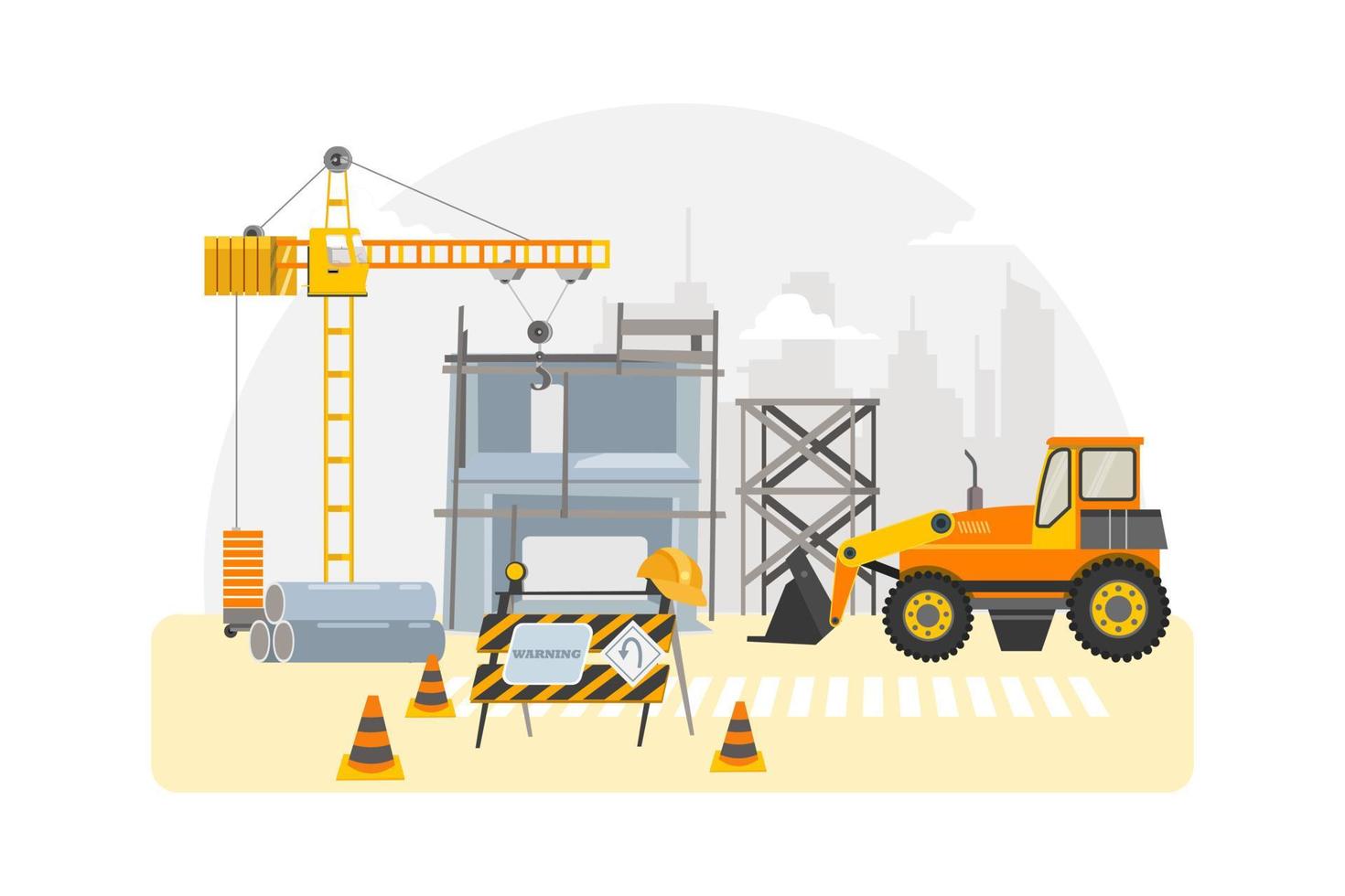 Road construction pit collapse repair. Repair composition with traffic cone signs and road machinery laying asphalt vector