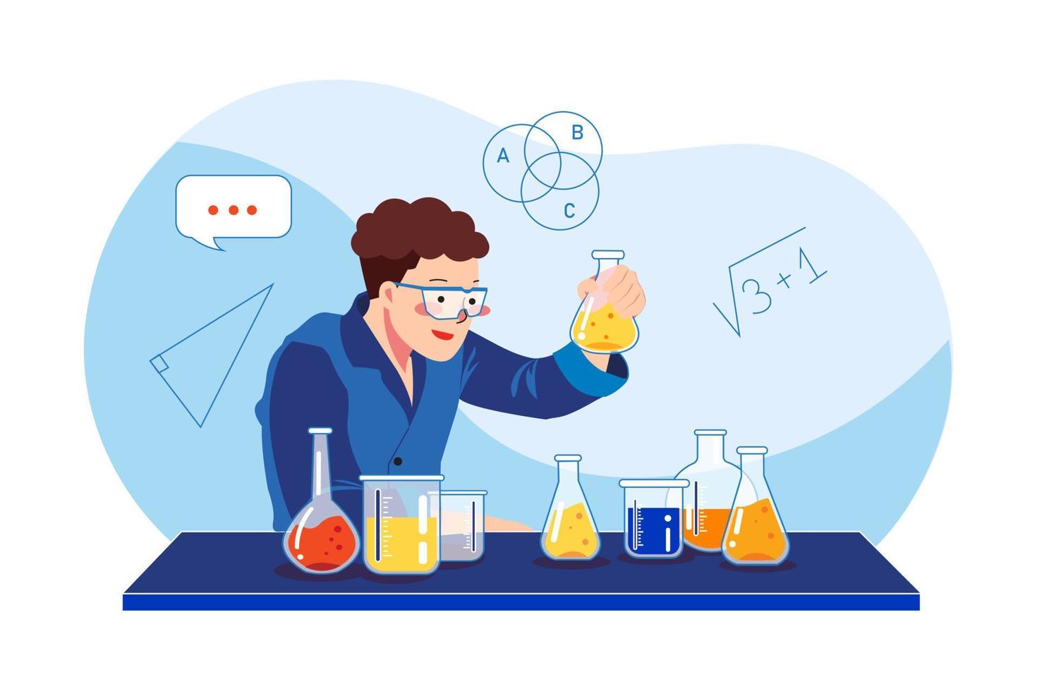 Scientists look at the yellow chemicals in glass at the laboratory vector