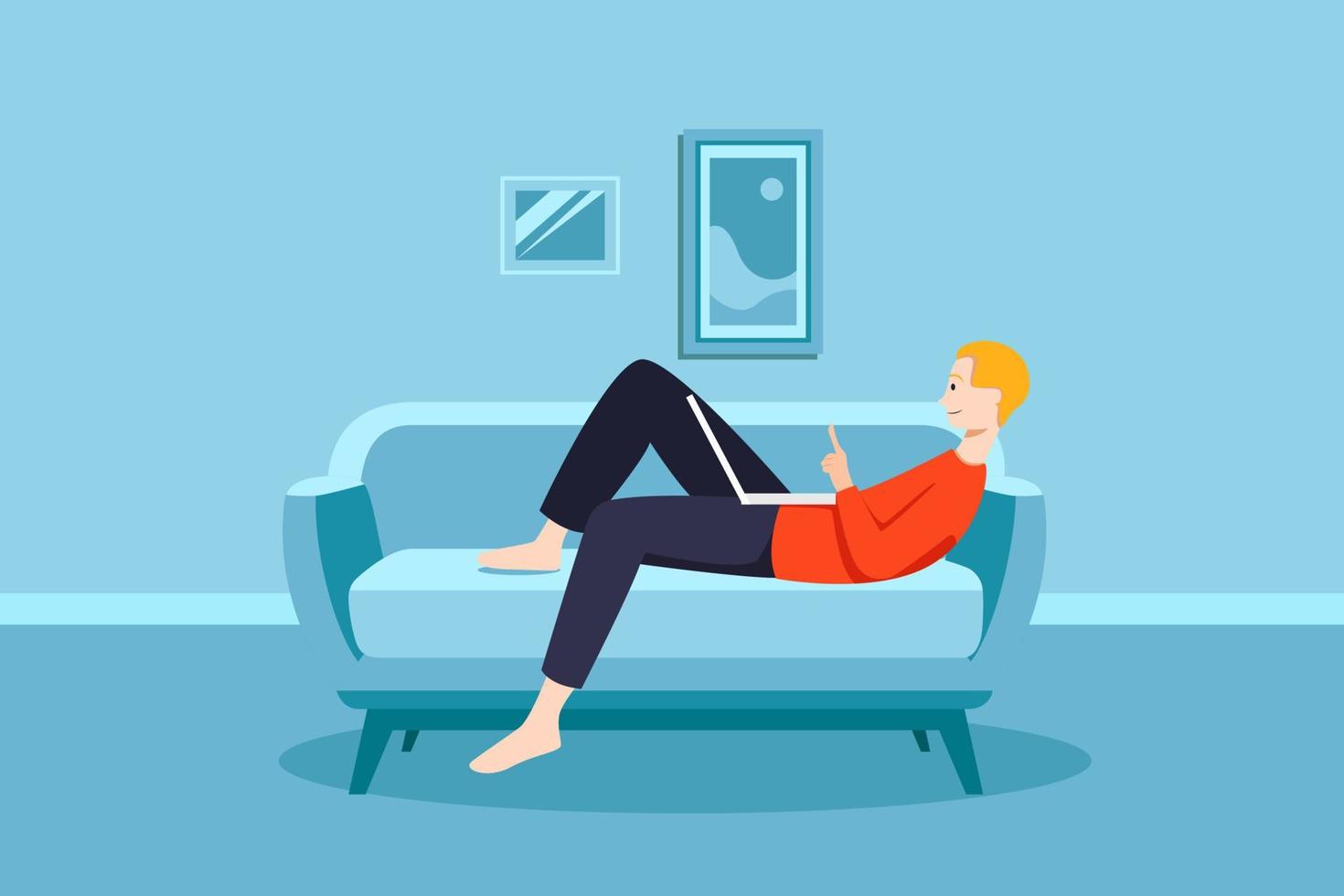 Man working on his laptop on the sofa at home vector