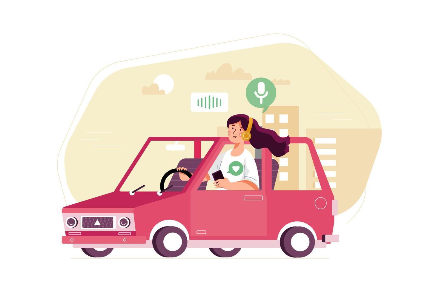 Woman listening to the podcast while driving. vector