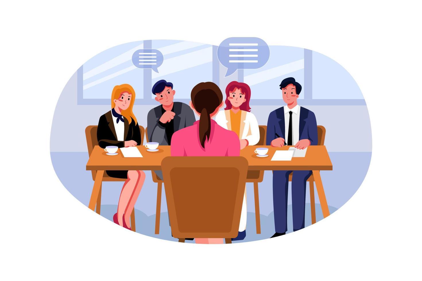 Woman during a job interview and four elegant members of management vector