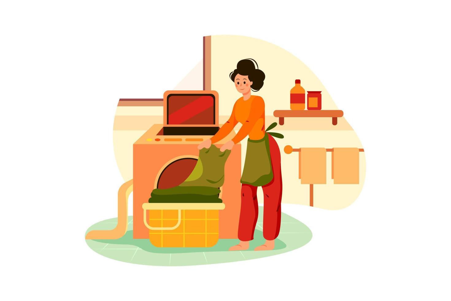 The woman bringing clothes to the washing machine vector