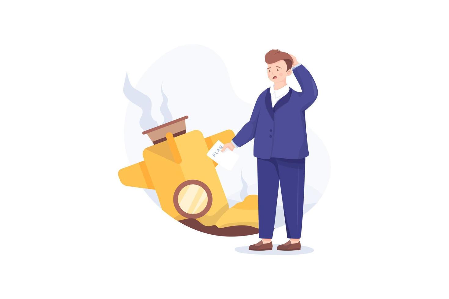 Businessman with plan and rocket crashed. Business failure, the rocket fall down. vector