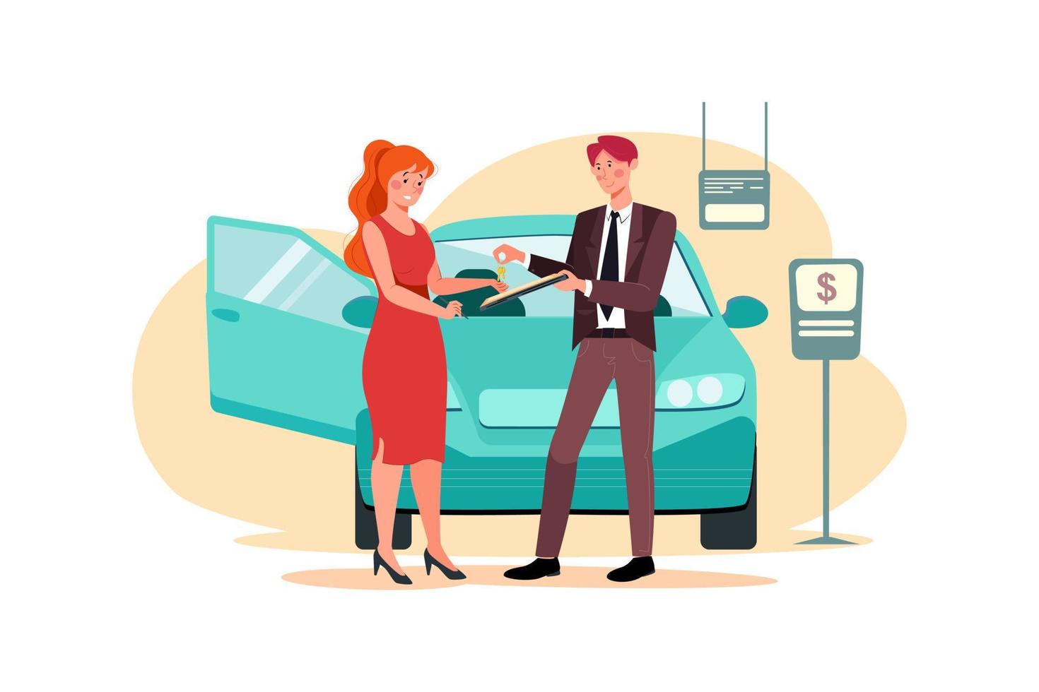Young smiling woman getting key of a new car vector