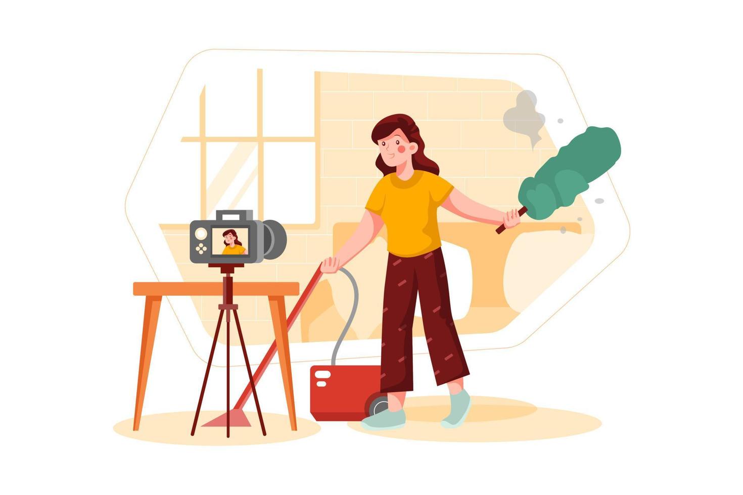 Vlogger woman shooting video about housekeeping vector