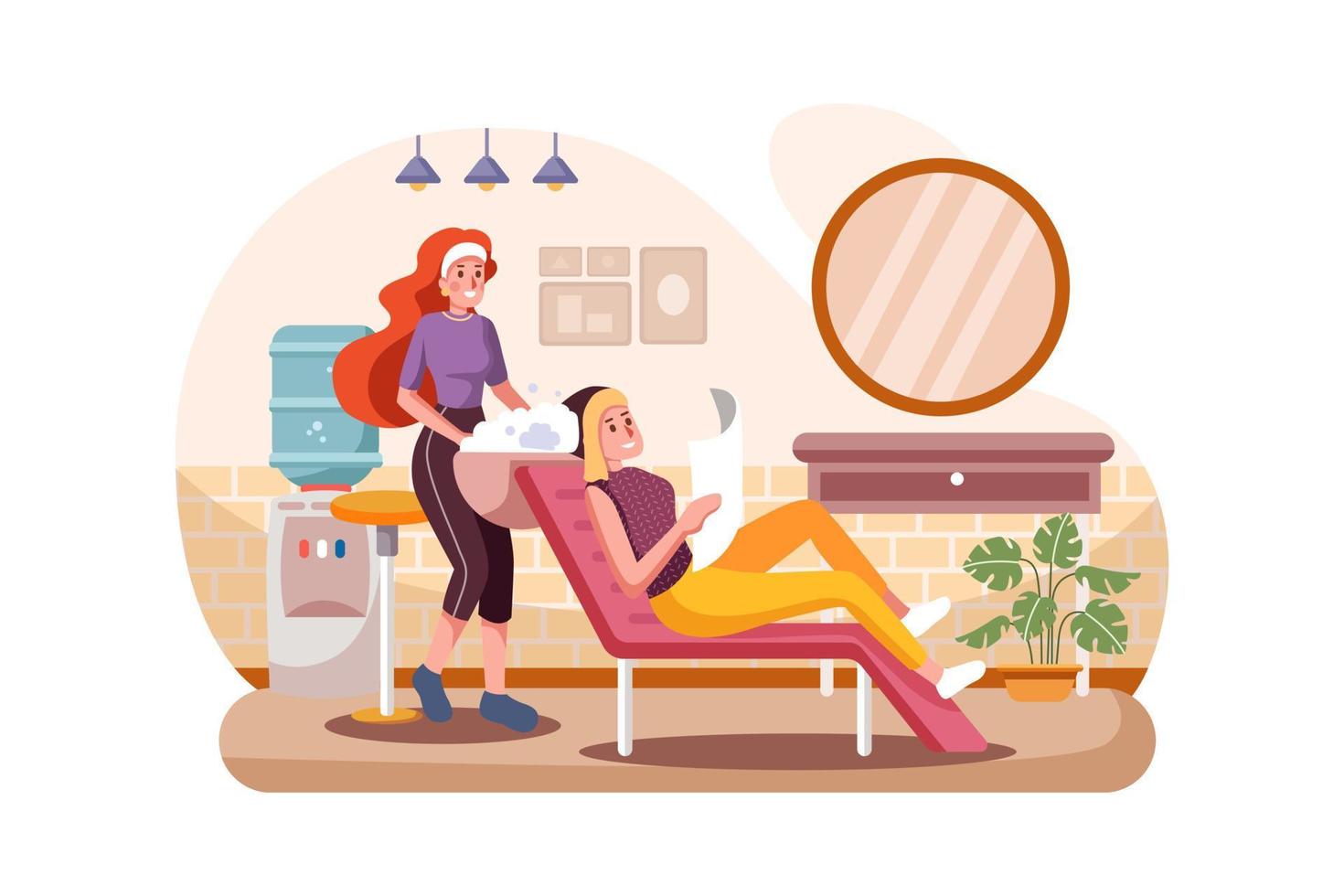 Happy young woman with hairdresser washing head at hair salon vector