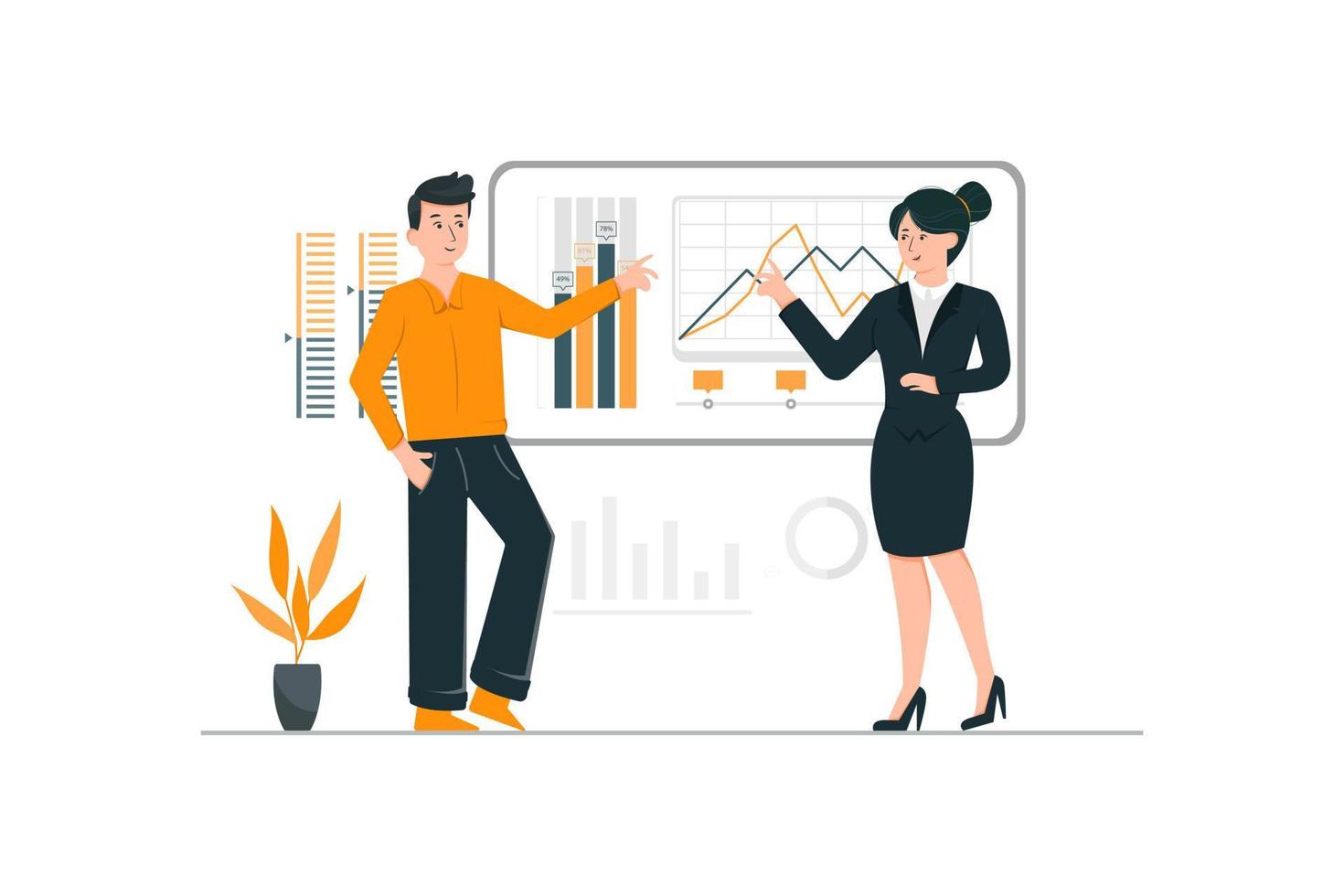 Businessman presenting a project to his manager in a meeting room with a development chart vector