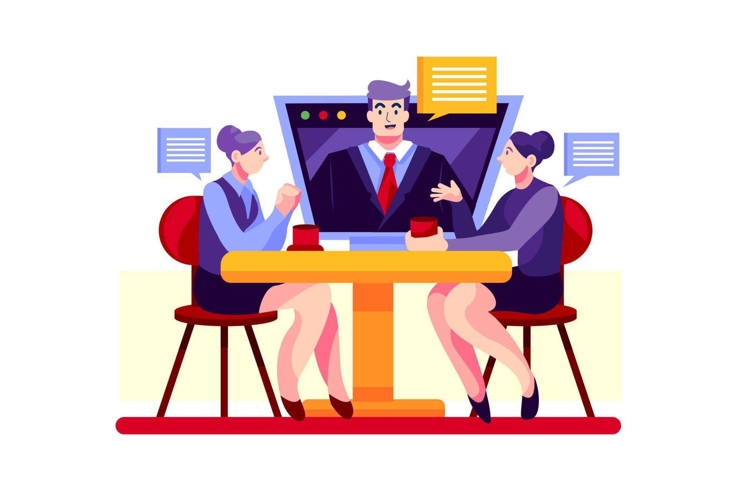 Two women discuss with their boss through the online call vector