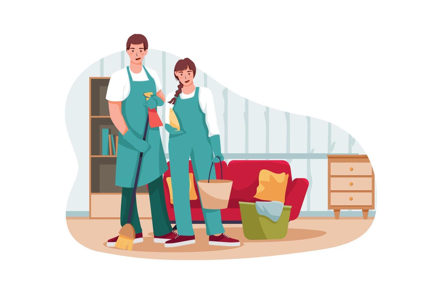 The cleaning team with professional equipments is ready to work. vector