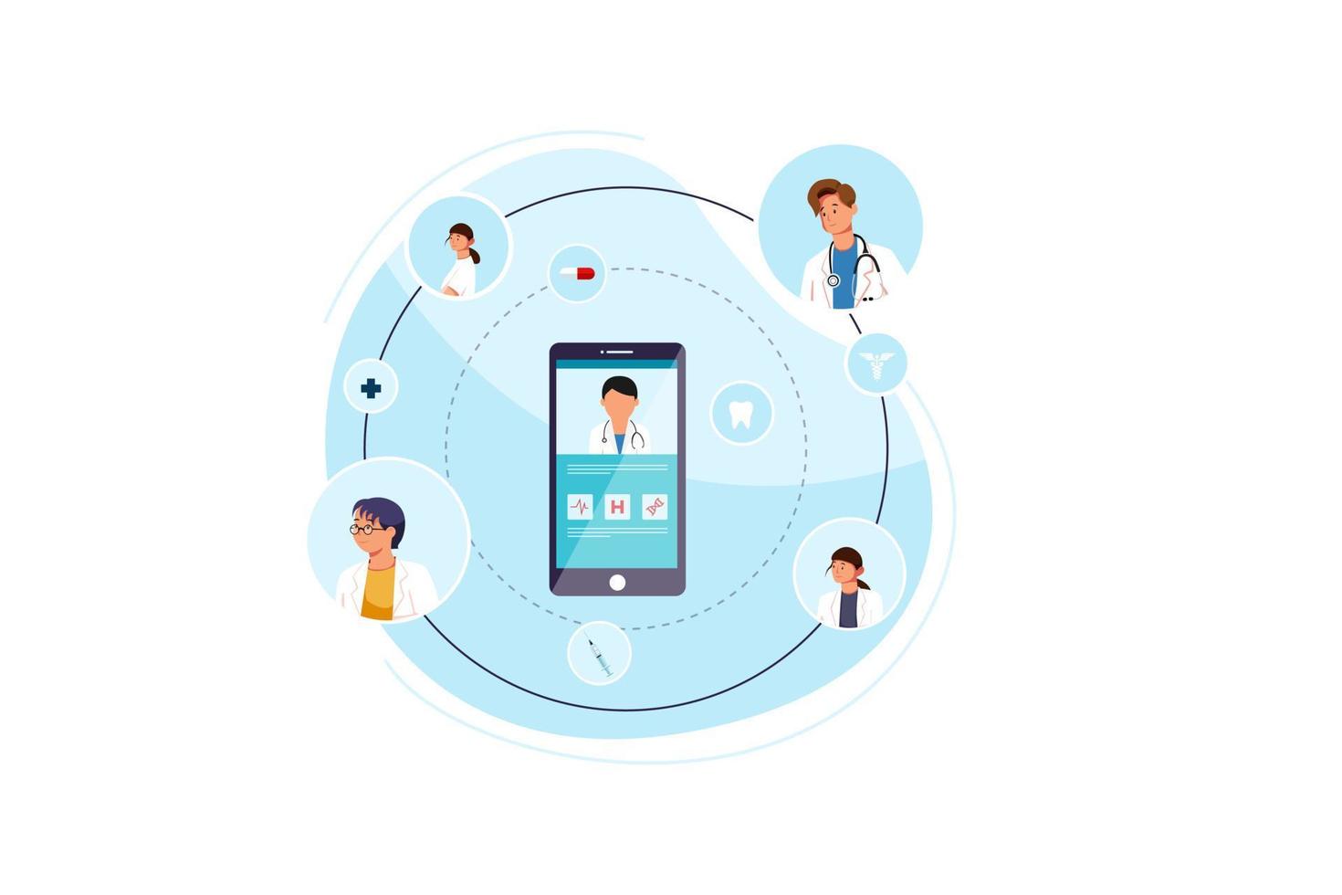 Patient meeting a professional doctor online on a smartphone and shaking hands, online medical consultation concept vector