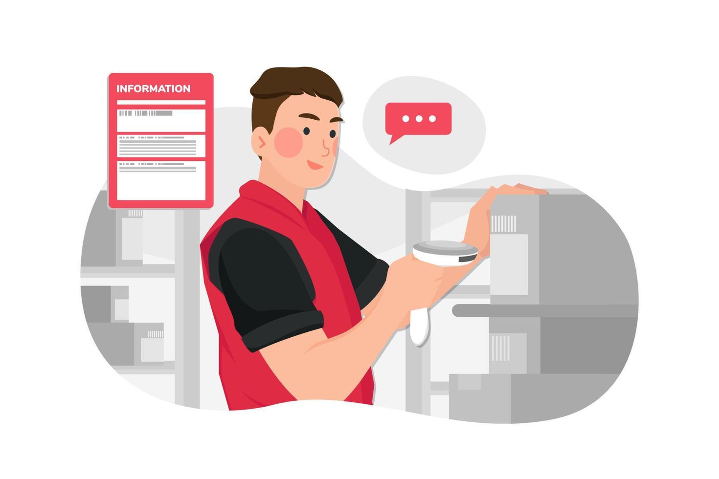 Warehouse worker scanning box while smiling at camera vector