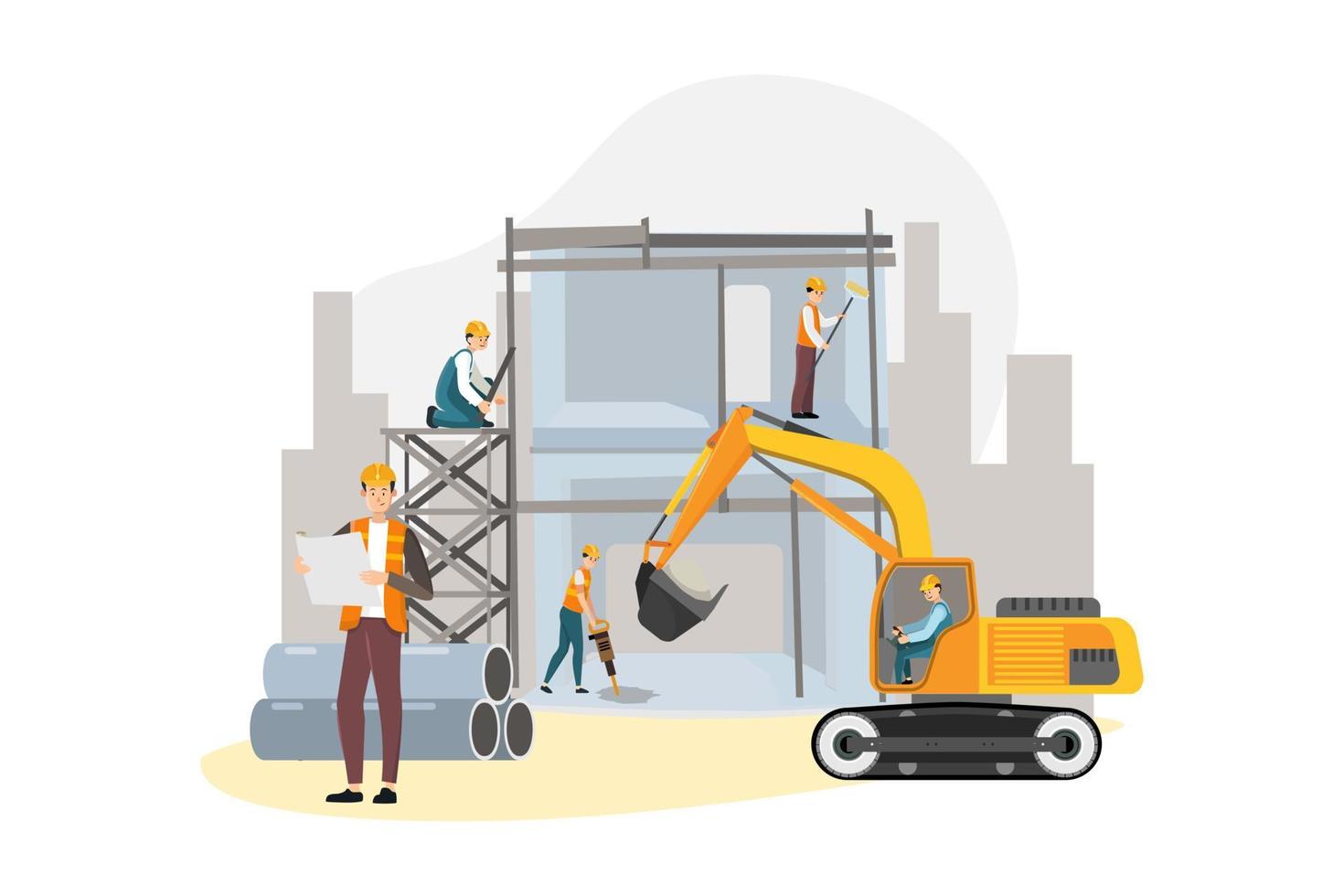 A construction worker looking at a blueprint paper vector