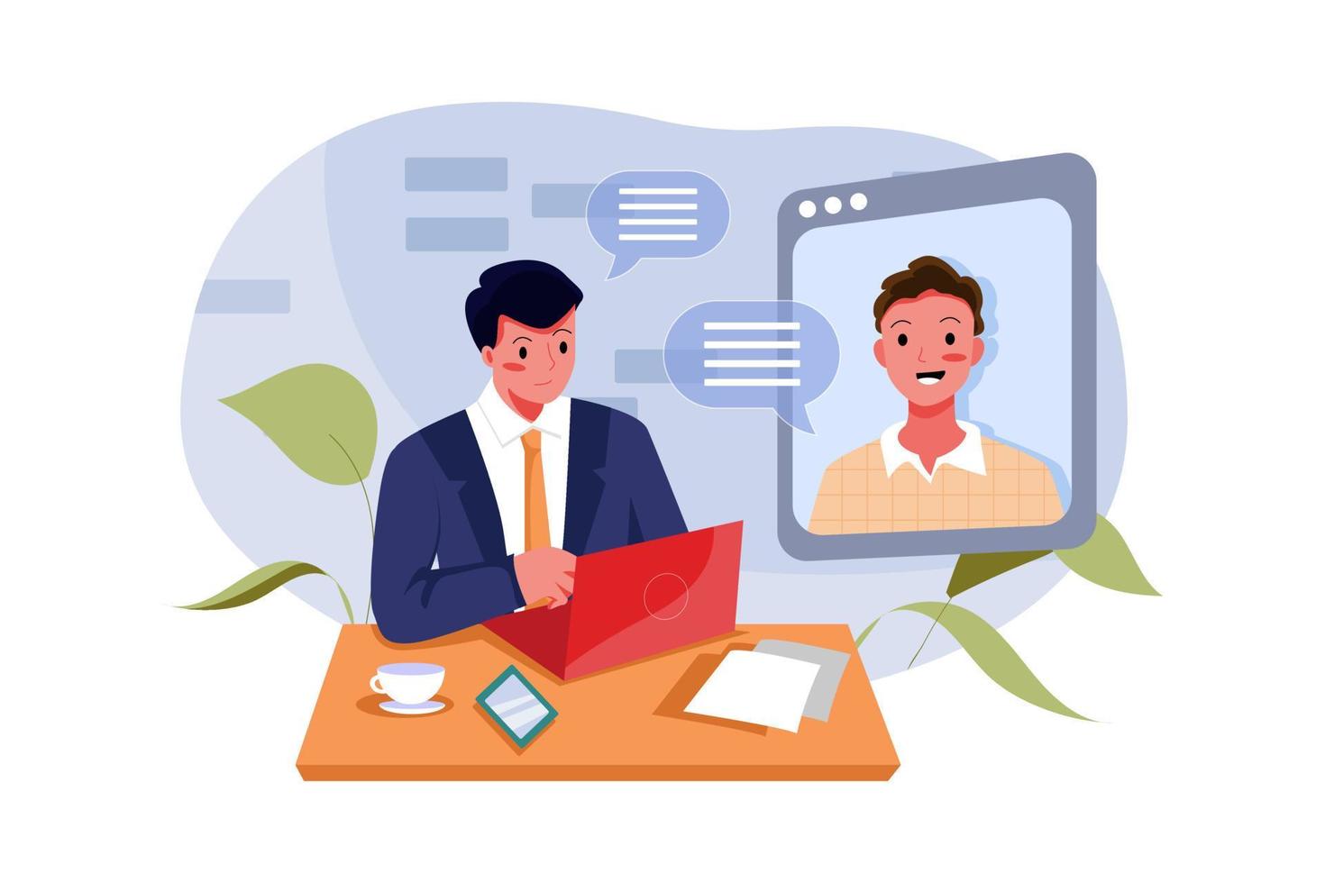 Online job interview. HR management makes a video call for contacting candidates by conference, talking on webcam. vector