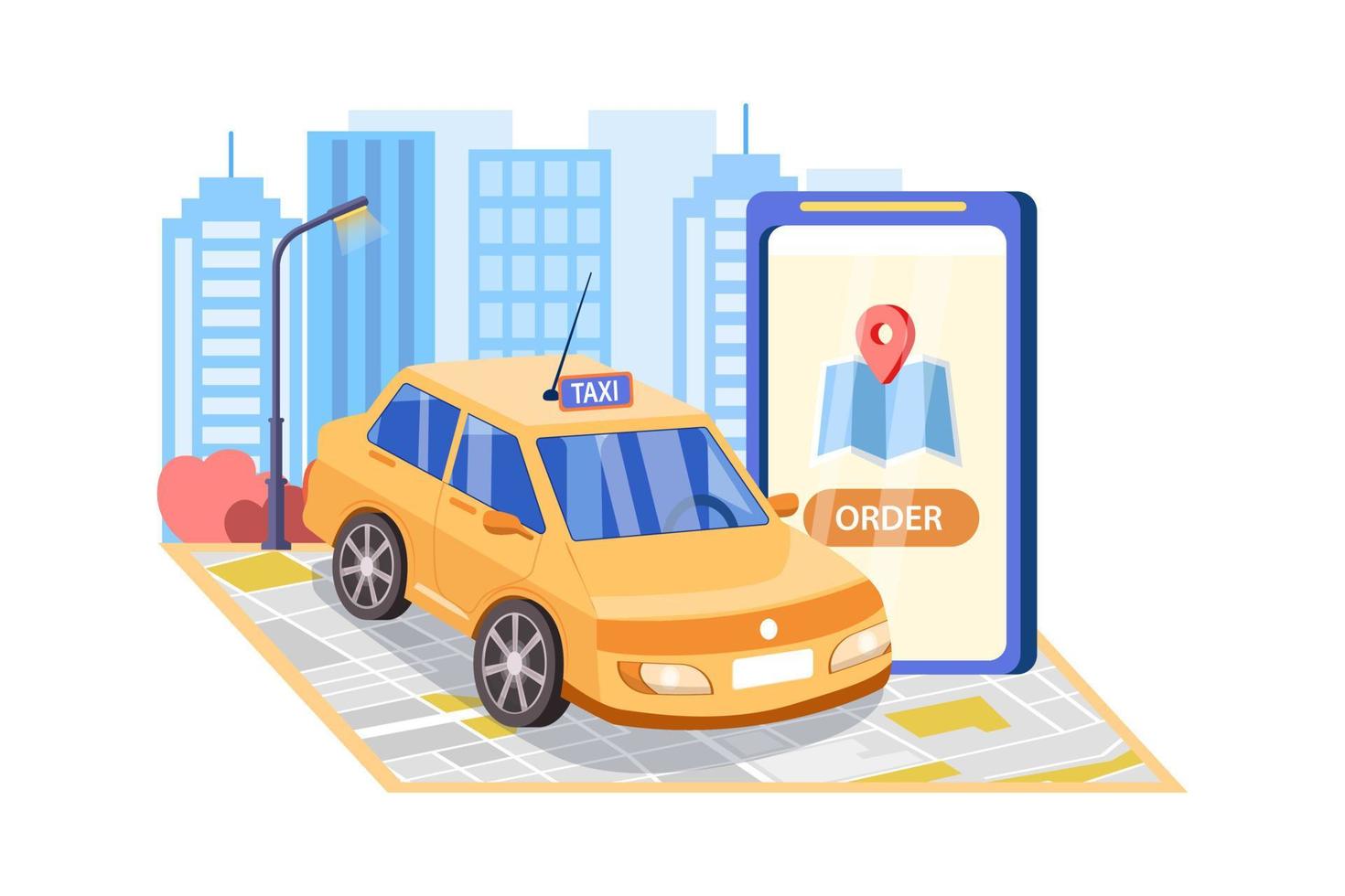 Smartphone with route and points location on a city map on the urban landscape background vector