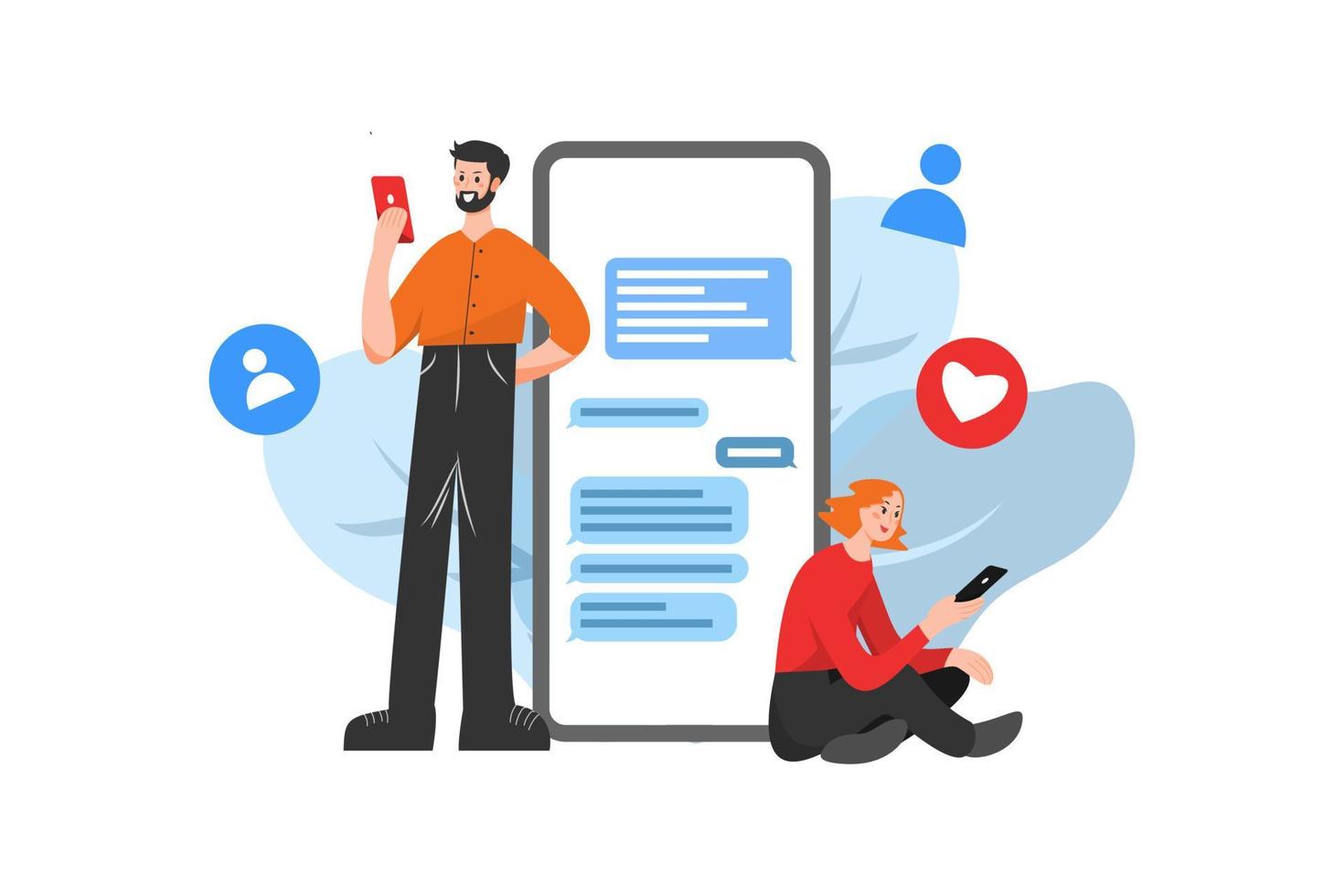 Two people are exchanging information via social networks, behind is a phone displaying messages vector