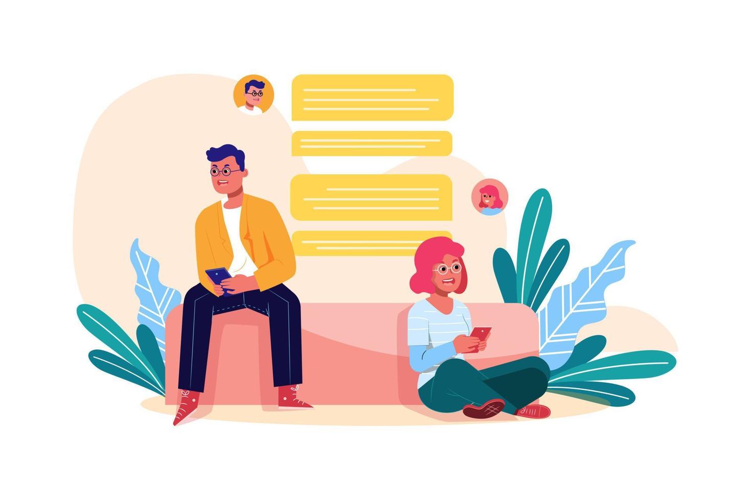 Refer a friend concept with a man holding a phone and chatting with his friends in outline style. Trendy concept of refer a friend and social media promotion for banner, ad, article, web, ui design vector