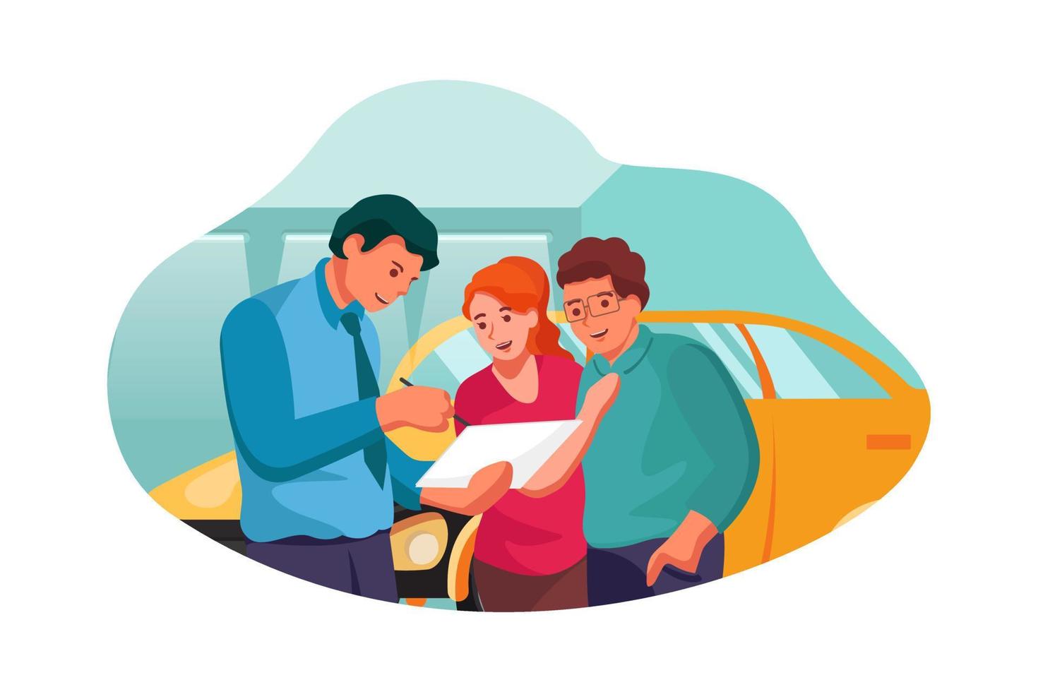 Car dealer explaining sales contract to couple buying a car vector