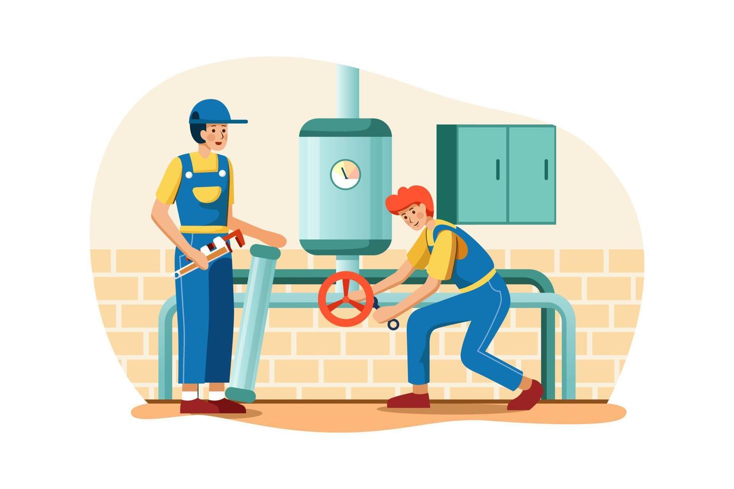 Plumbers are replacing the old steel pipes with new ones vector