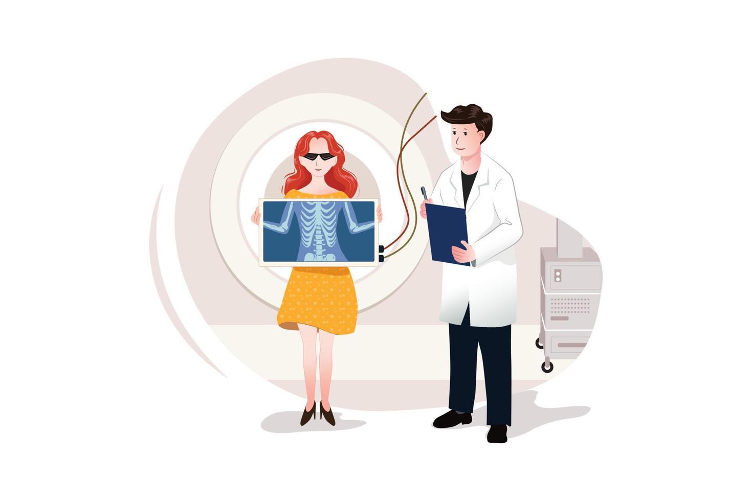 Young woman with stylish clothes and glasses at man doctor with x-ray. vector