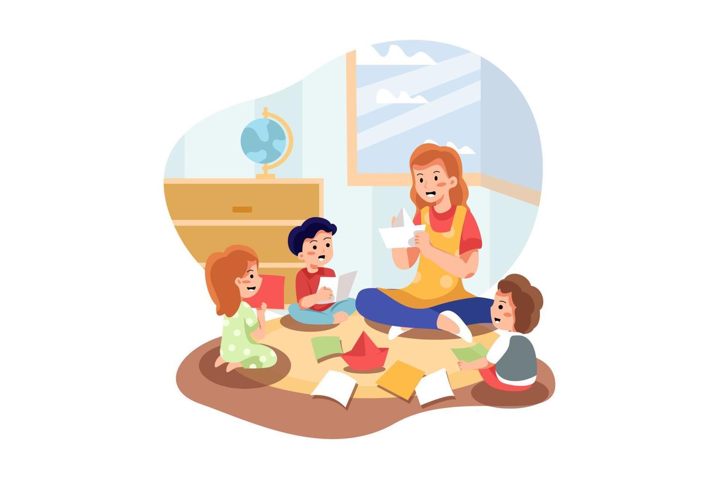 Playschool Teacher Teaching How To Make Paper Boat To Kids vector