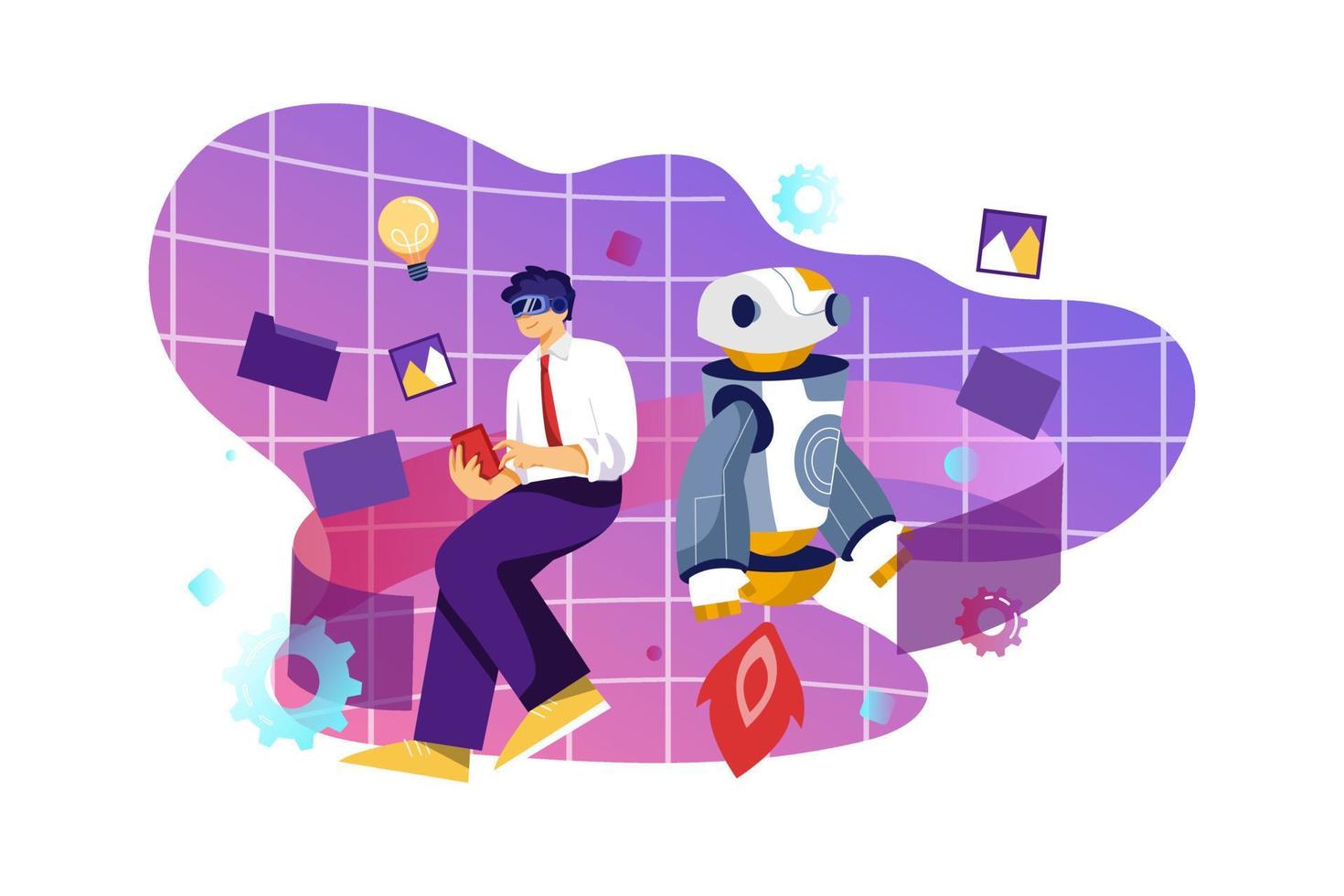Businessman use data of robots on a smartphone to control business network connection and data exchange vector