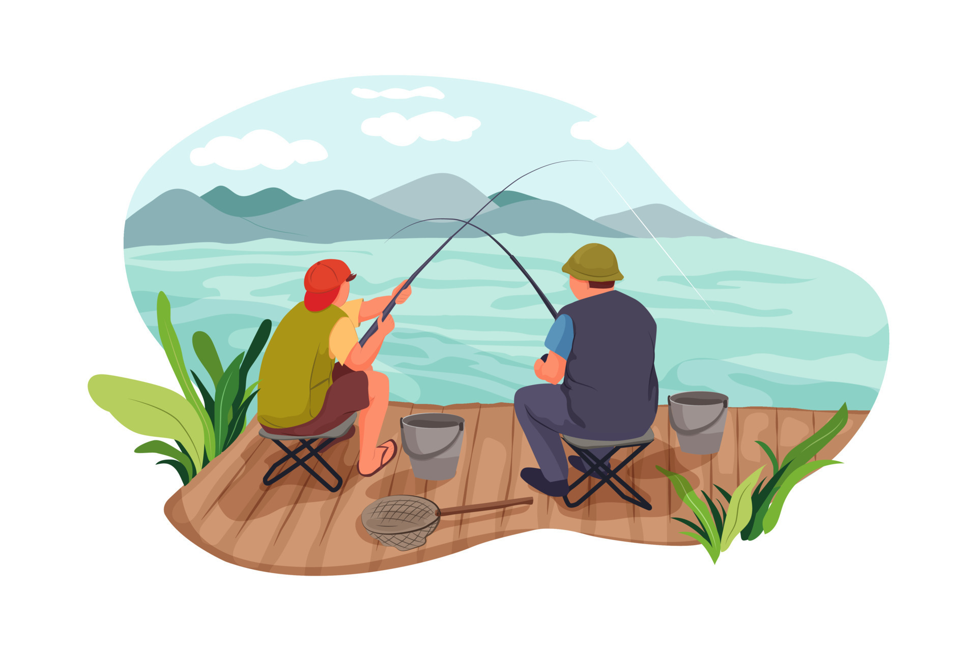 Two men fishing at a river 8516375 Vector Art at Vecteezy