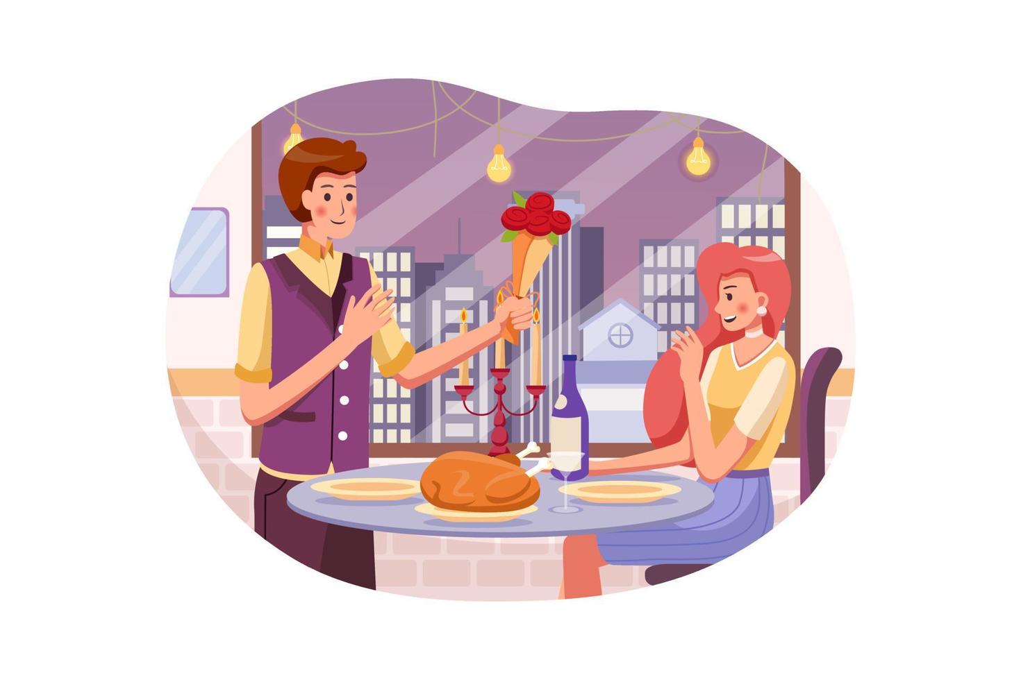 Man in a suit gives a bouquet of roses to the woman at their Romantic Dining in the restaurant vector