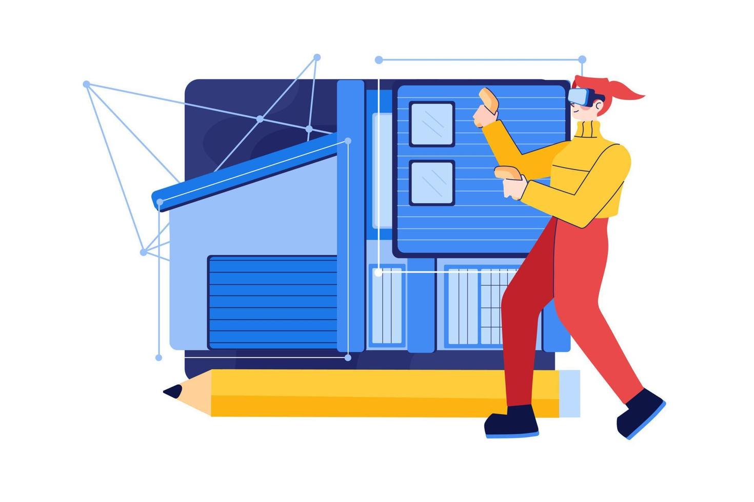 A man in virtual reality glasses designs a building a hologram of a house vector