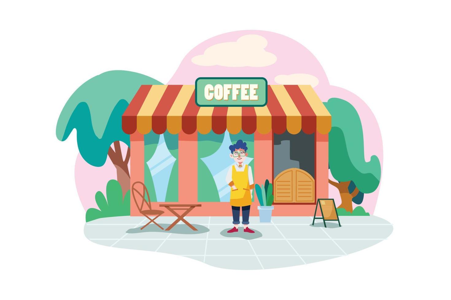 A coffee shop owner wearing apron in front of the shop facade vector