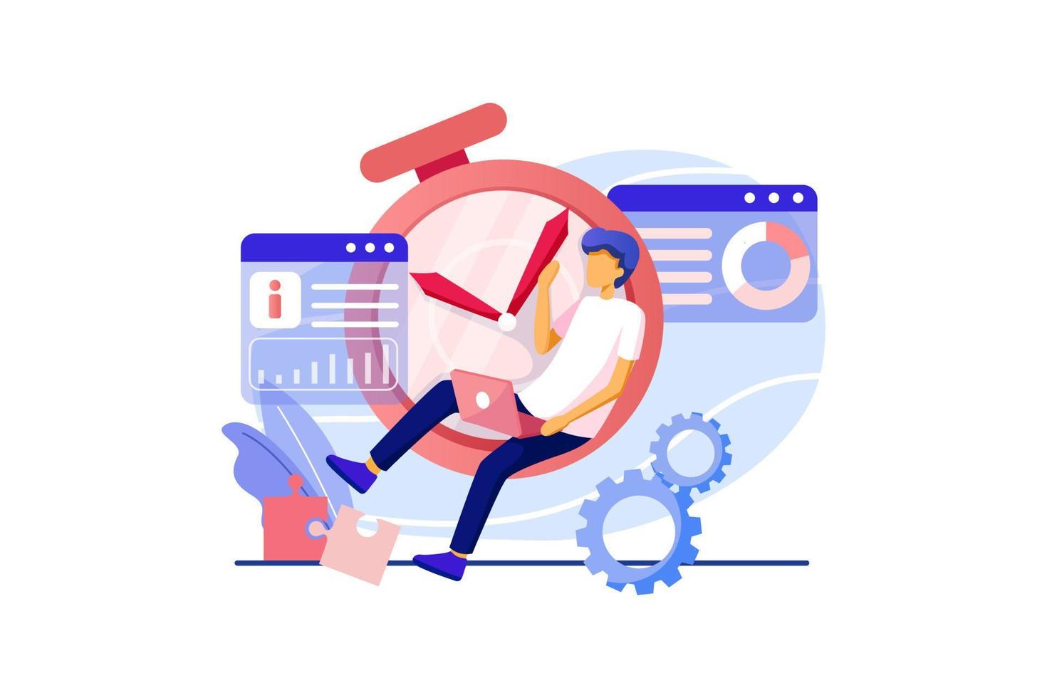 Young man controls time and project management. Concept businessman character with clock, puzzle, graph, diagram vector