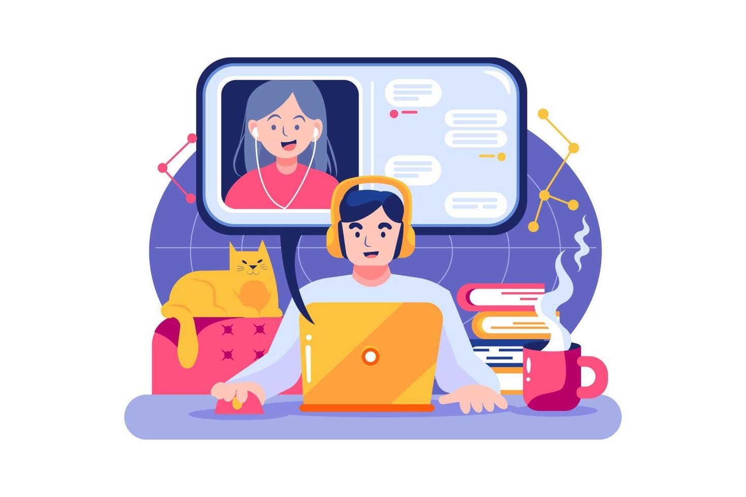 A boy and a girl are having online meeting by their laptop vector
