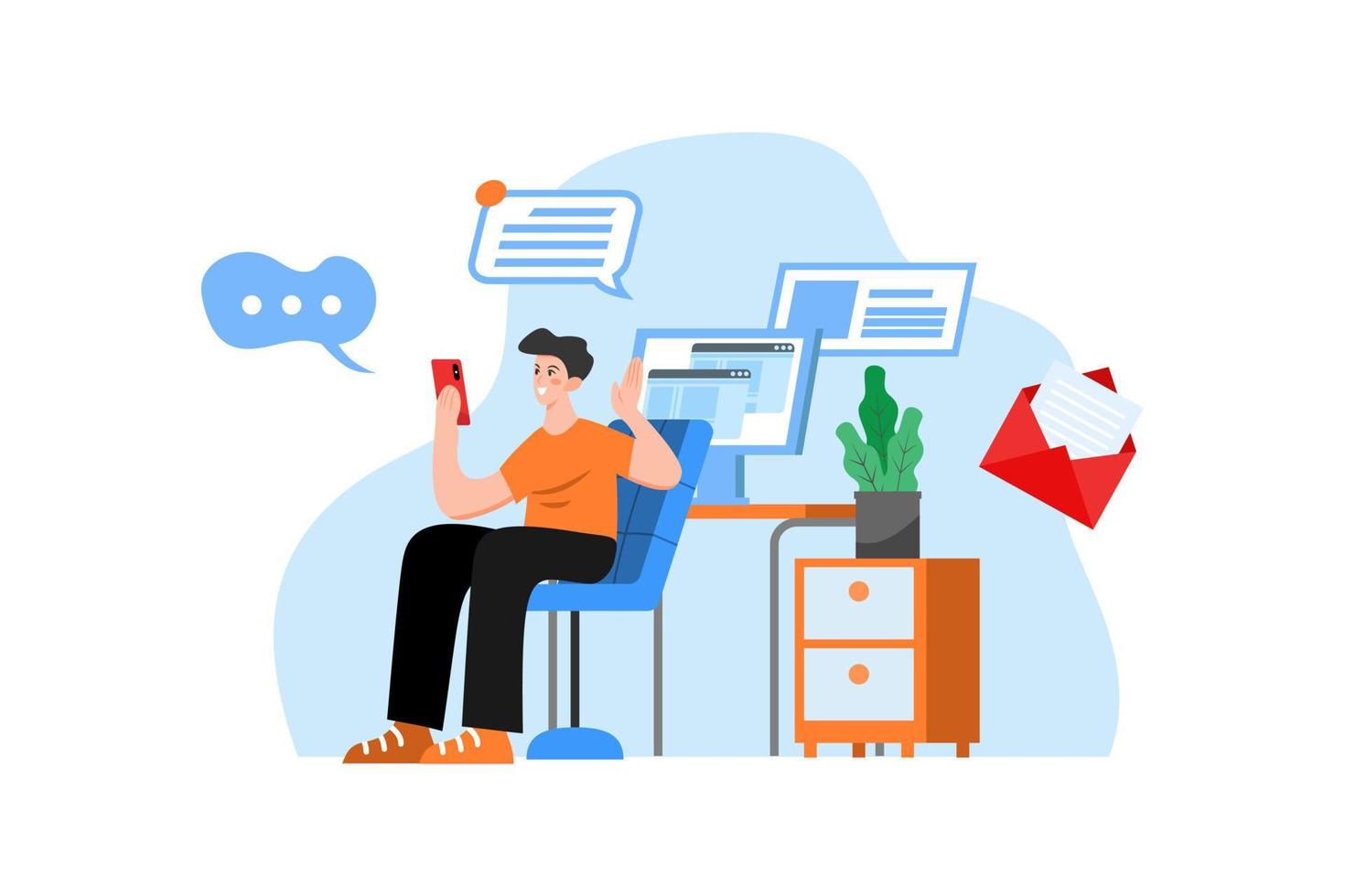 Man holding phone using social media with a computer in the background receiving notifications and emails vector