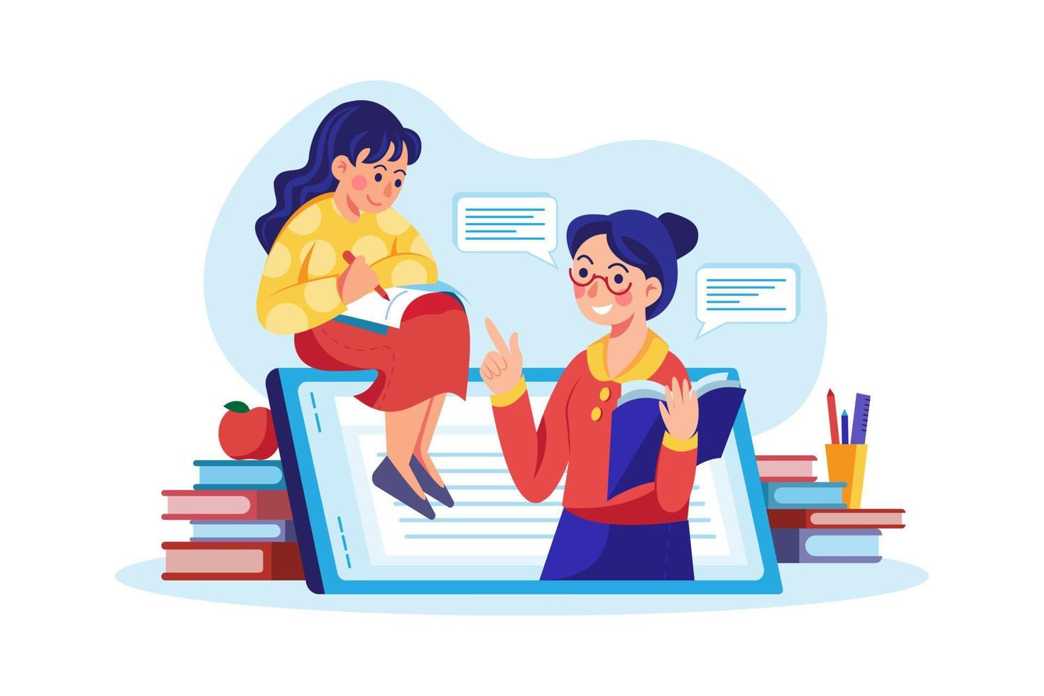 Student woman on top of phone and teacher at the notebook vector