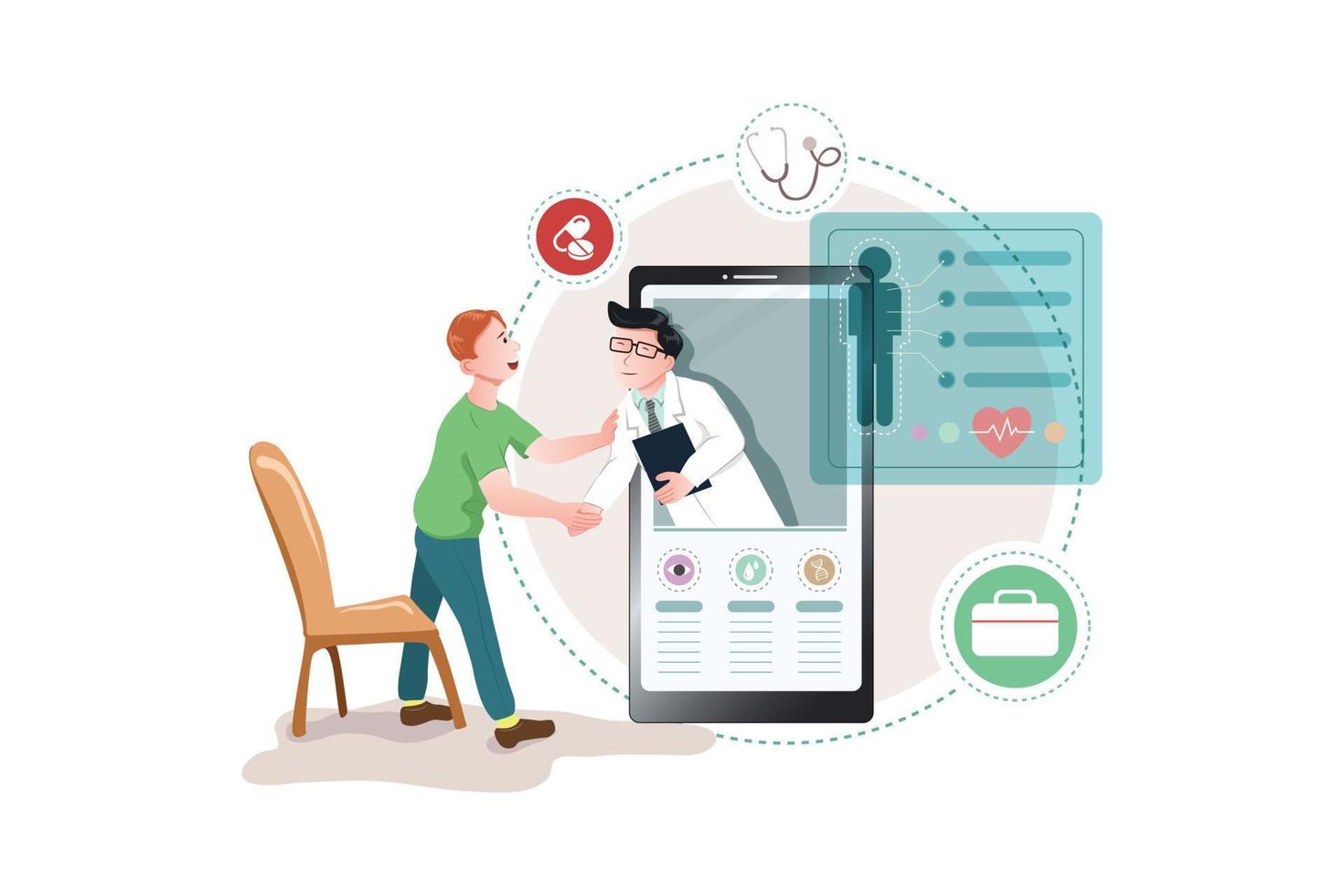 Patient meeting a professional doctor online on a smartphone and shaking hands, online medical consultation concept vector