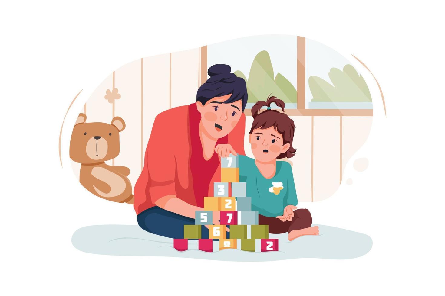 Babysitter and baby girl playing with toy cubes at home vector