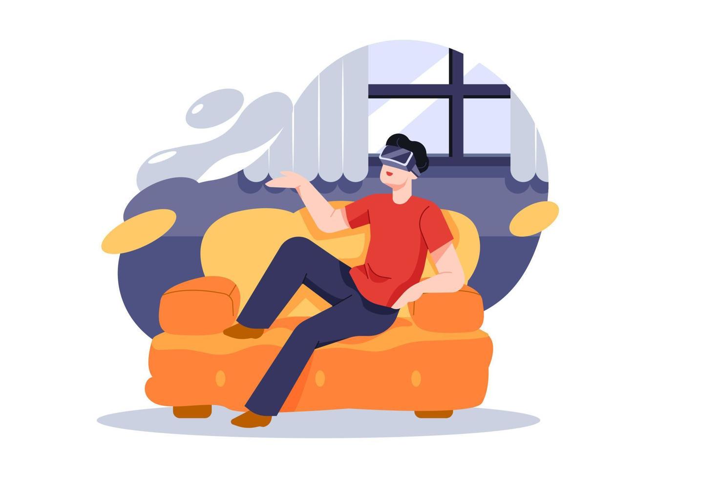 Man sitting on sofa at home wearing Virtual Reality headset vector