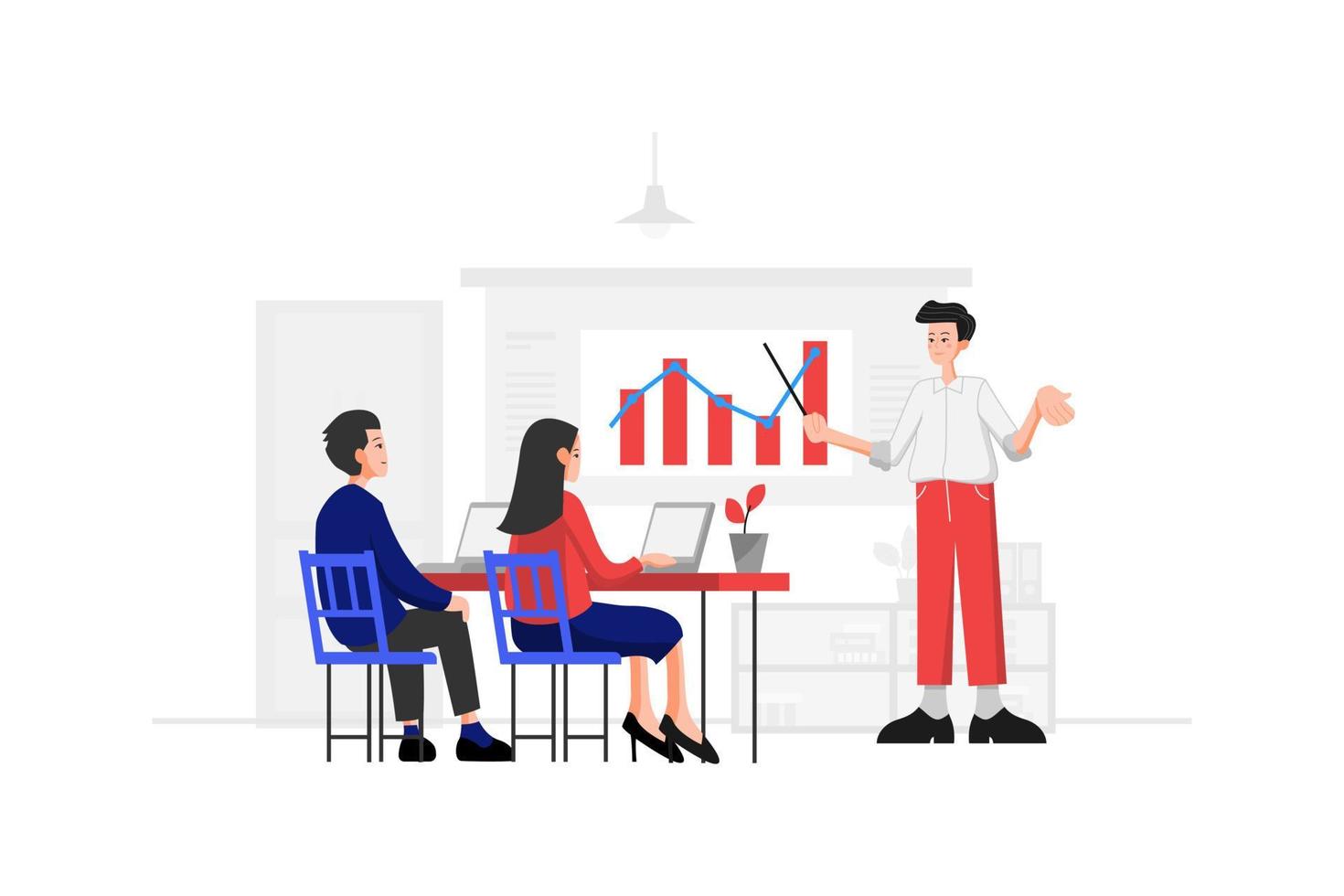 An employee presenting a project to a customer in a meeting room with a development chart vector