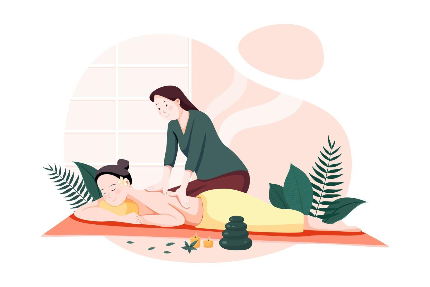 Woman making massage for a young lady. Spa procedure in beauty salon interior. Back treatment and relaxation. vector