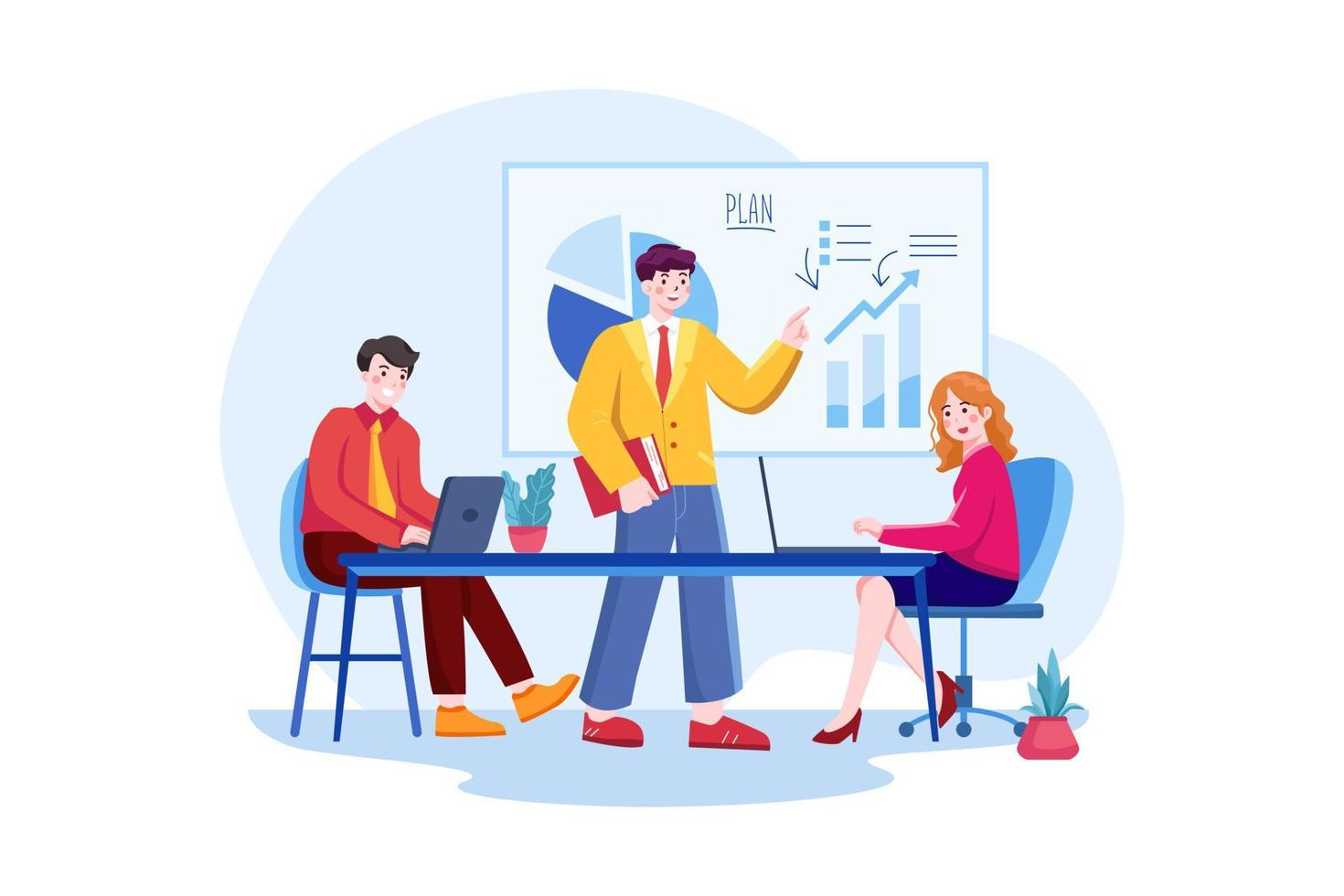 Businessman illustrates product planning option vector