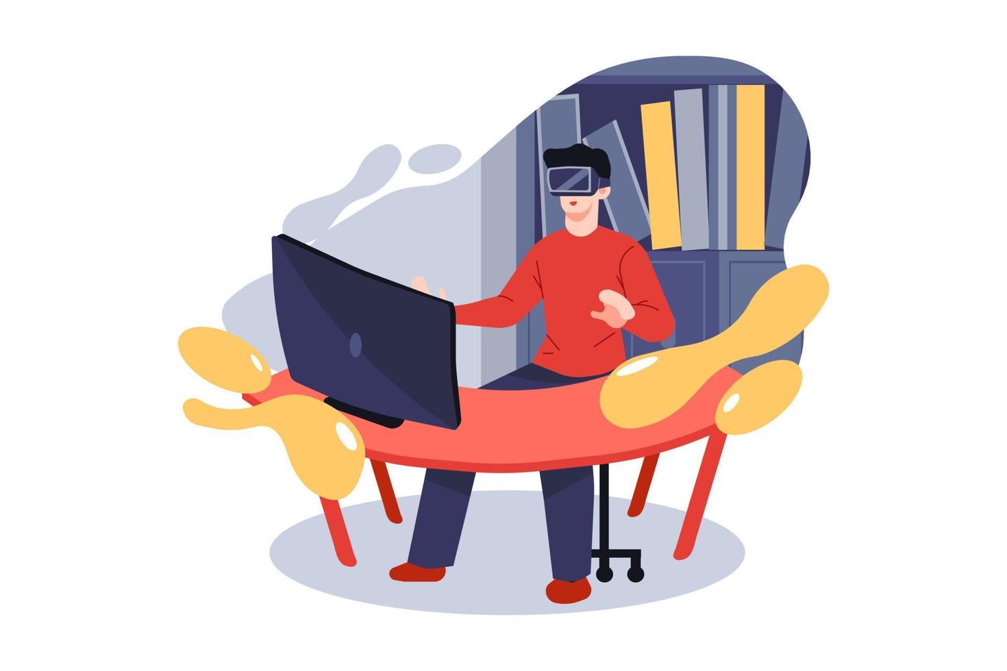 Young man wearing virtual reality headset and gesturing while sitting at his desk in creative office vector
