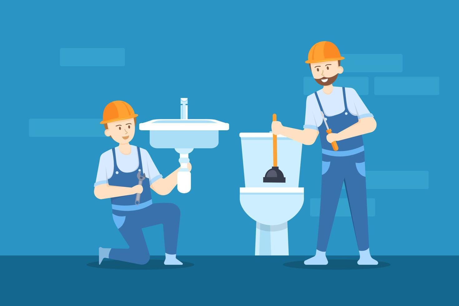 Young plumber is repairing the hand sink while the other plumber clearing the toilet. vector