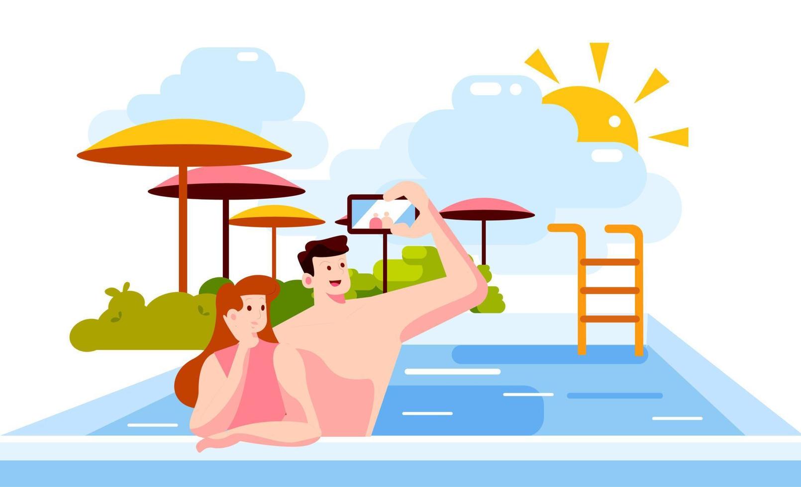 una pareja joven se hace selfie mientras se divierte en la piscina vector