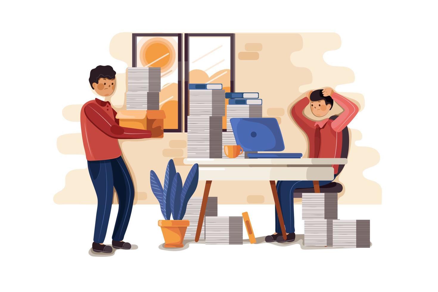 ilustración de hombre de trabajo duro. empleado joven cansado o exhausto con documentos en papel, un oficinista con una carga de archivos, empleados en desorden y angustia. vector