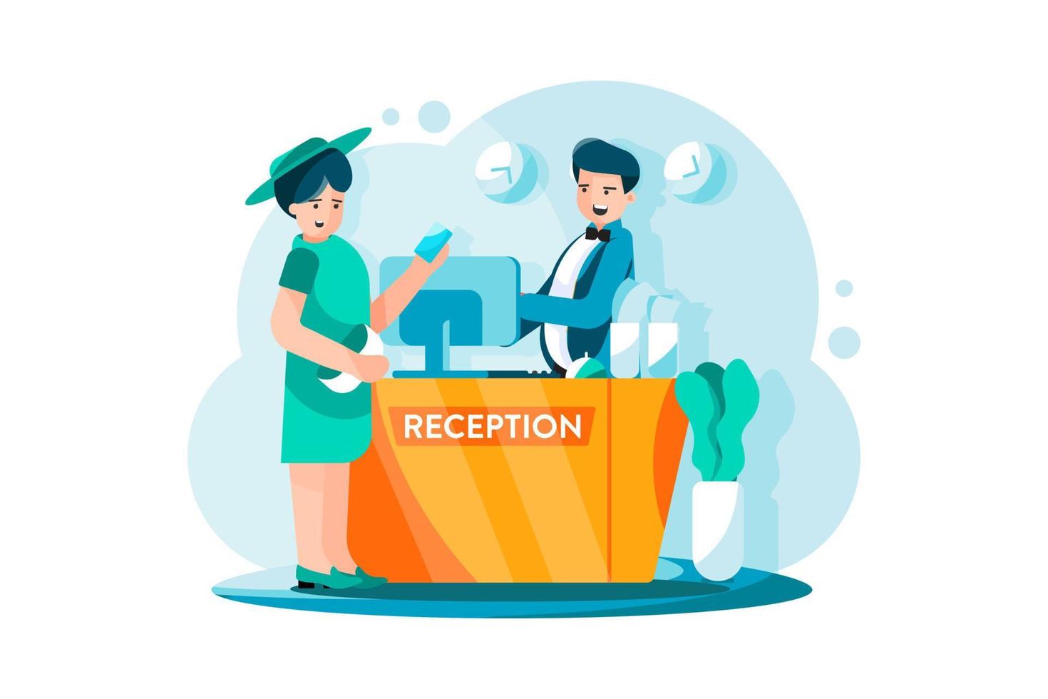 Payment system with Hotel reception on background vector