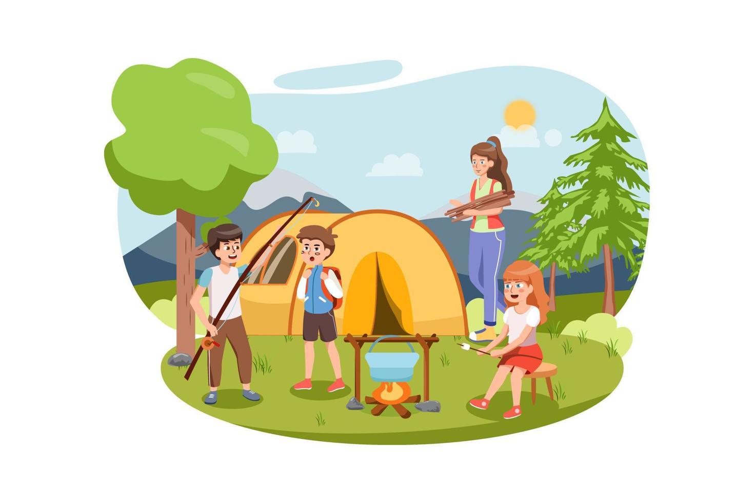 Summer landscape with kids. Children camp vector