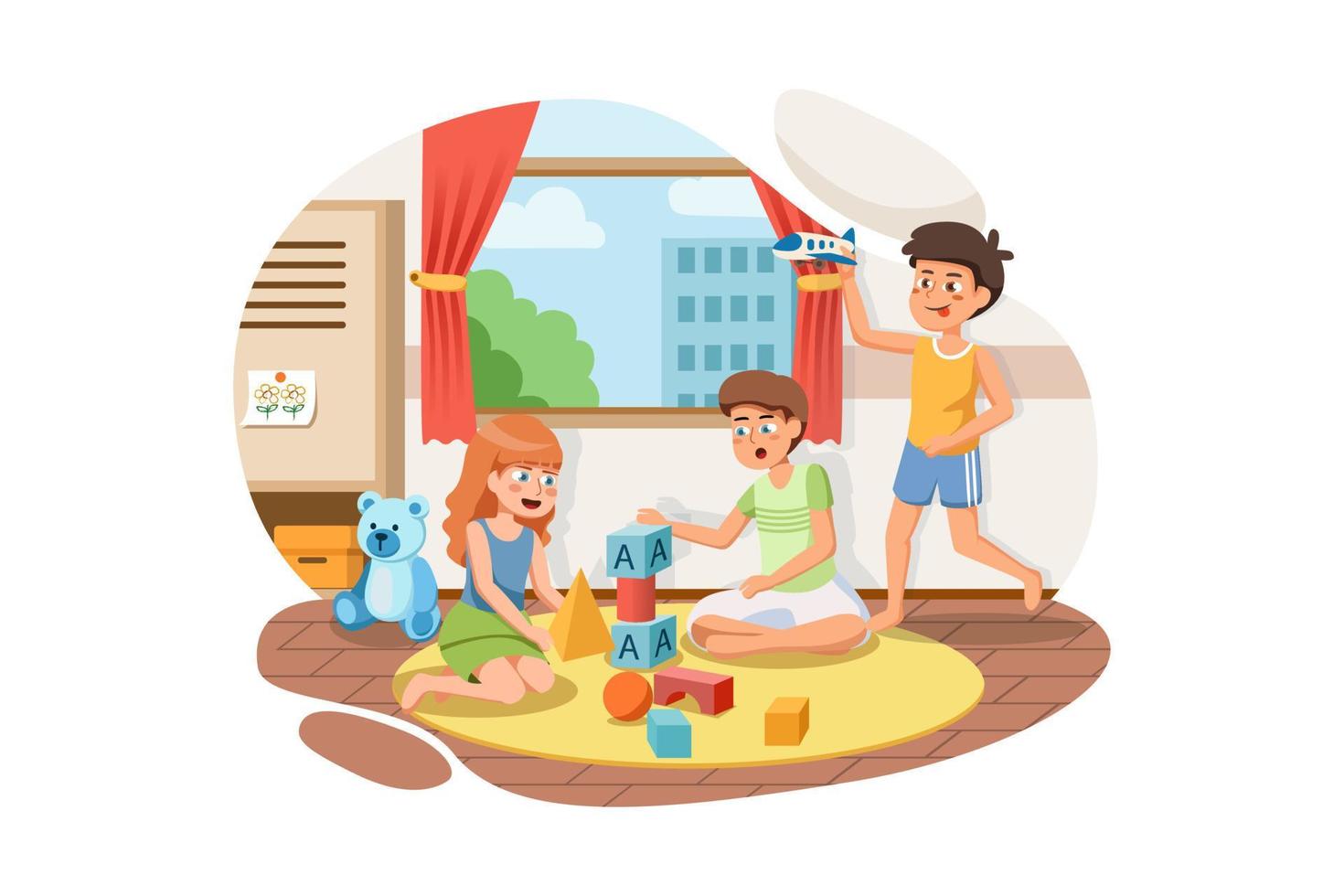 Happy children group playing together with blocks toys and car in classroom interior. vector